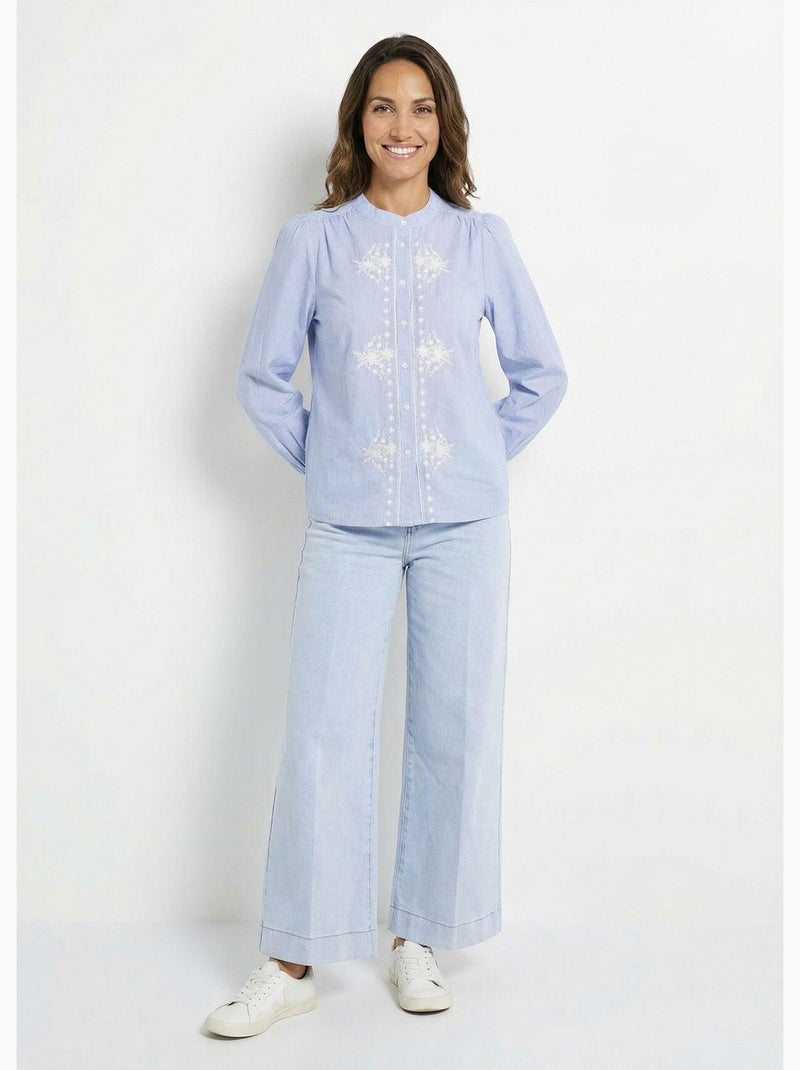 Blusa de rayas con cuello redondo y bordado - AFIBEL Azul - Kiabi