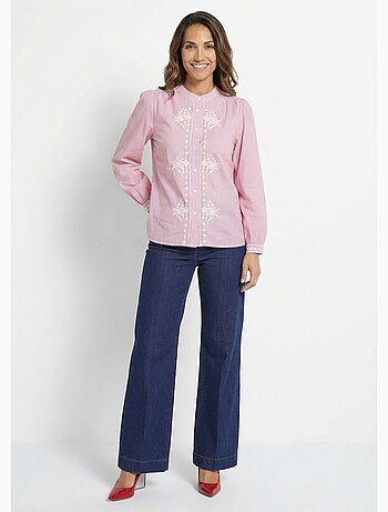 Blusa de rayas con cuello redondo y bordado - AFIBEL
