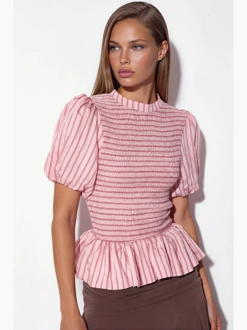 Blusa de rayas texturizada con volante busem Rosa - Kiabi