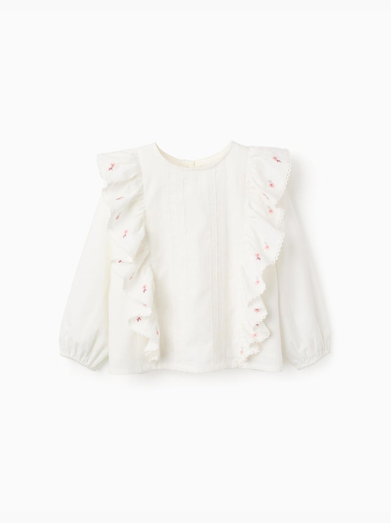 Blusa de sarga de manga larga con volantes y flores Blanco - Kiabi
