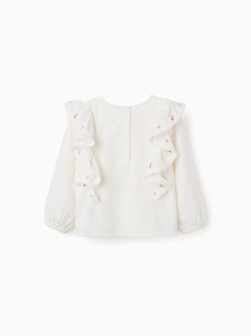 Blusa de sarga de manga larga con volantes y flores Blanco - Kiabi
