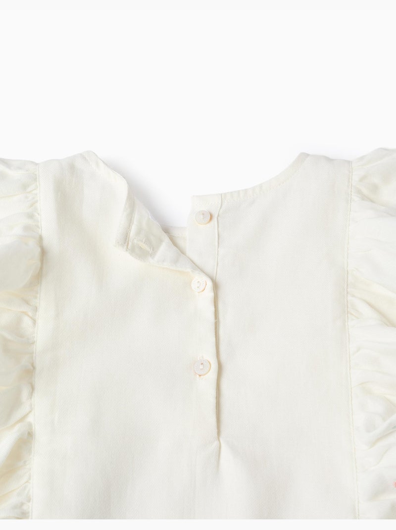Blusa de sarga de manga larga con volantes y flores Blanco - Kiabi
