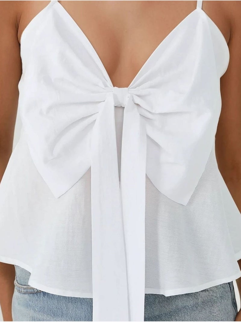 Blusa de tacto suave con escote en v y detalle de lazo hiccup Blanco - Kiabi
