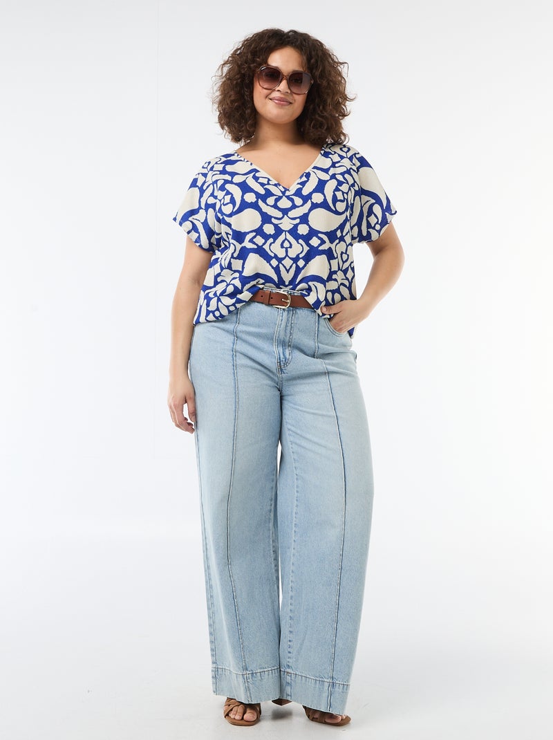 Blusa de tejido gofrado con manga corta Azul - Kiabi