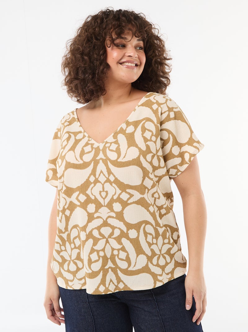 Blusa de tejido gofrado con manga corta Marron - Kiabi