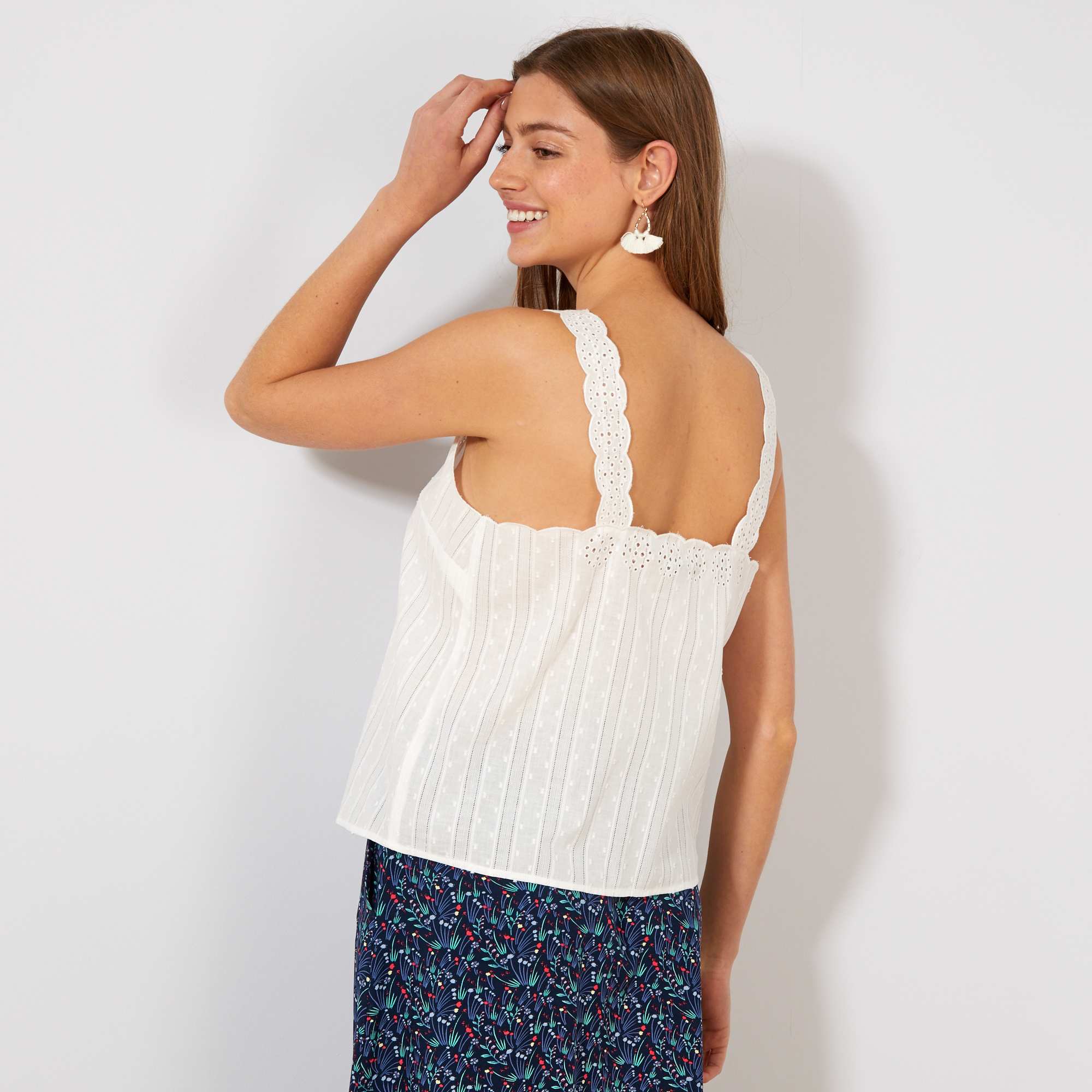 Ruffle Hem Eyelet Lace Up Denim Cami Top