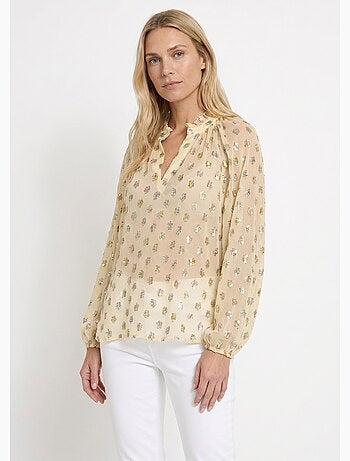 Blusa de velo con motivo metalizado y cuello en V - Afibel