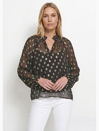 Blusa de velo con motivo metalizado y cuello en V - Afibel