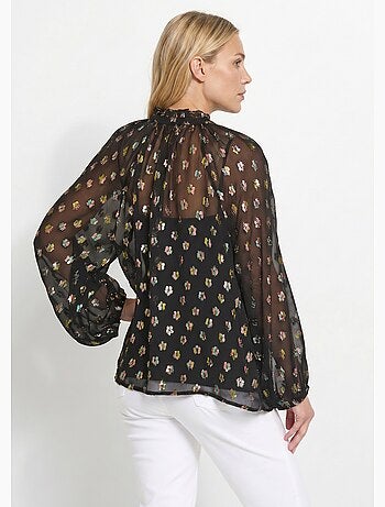 Blusa de velo con motivo metalizado y cuello en V - Afibel