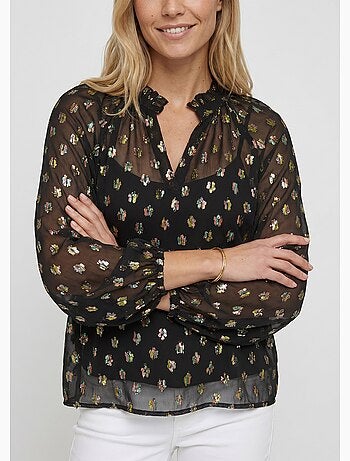 Blusa de velo con motivo metalizado y cuello en V - Afibel