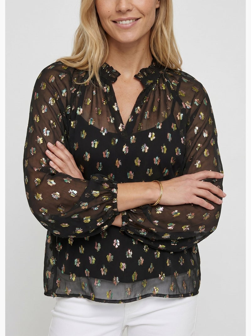 Blusa de velo con motivo metalizado y cuello en V - Afibel Negro - Kiabi
