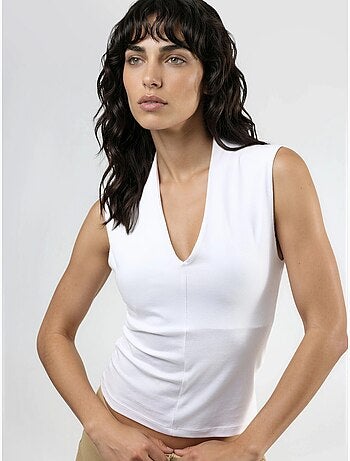 Blusa drapeada sin mangas con cuello en v busem