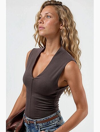 Blusa drapeada sin mangas con cuello en v busem