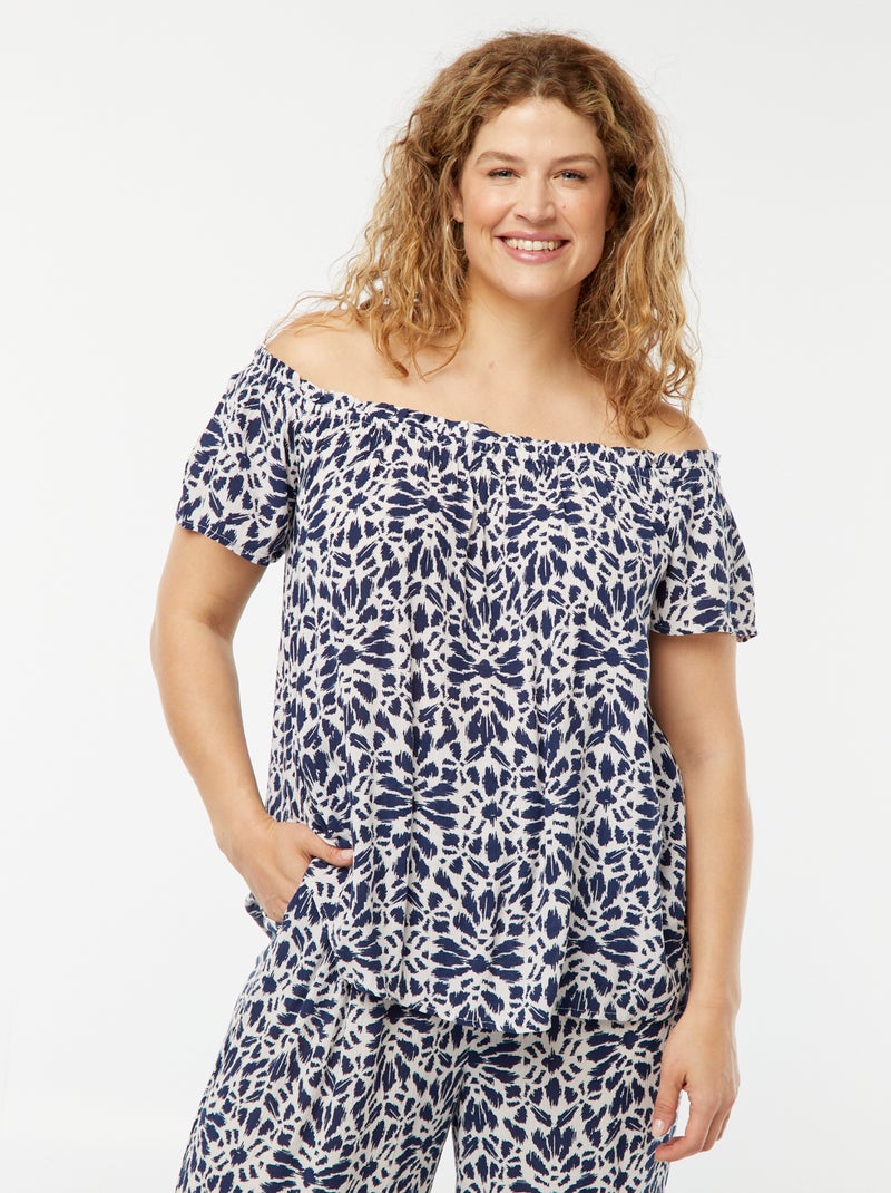Blusa elástica de manga corta con cuello bardot Azul - Kiabi