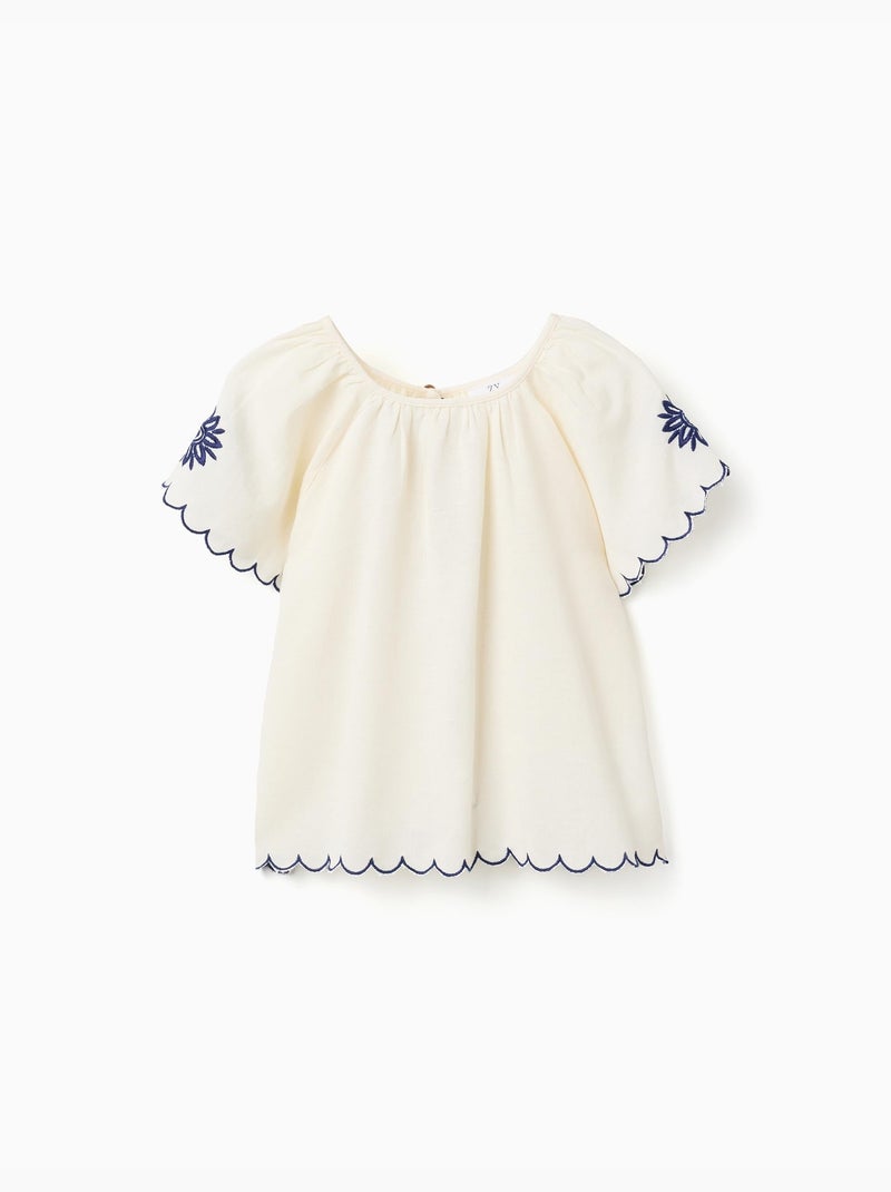 Blusa en algodón y lino con flores Beige claro - Kiabi