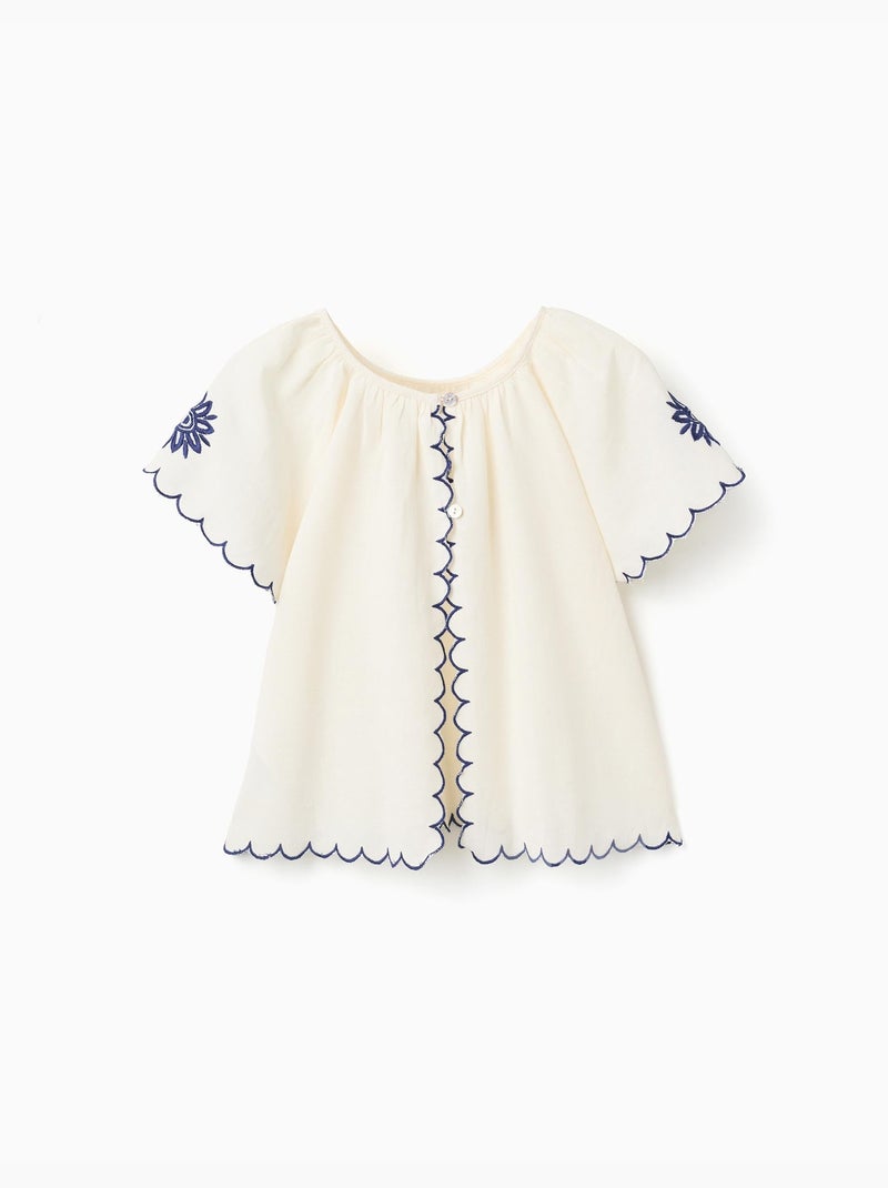 Blusa en algodón y lino con flores Beige claro - Kiabi