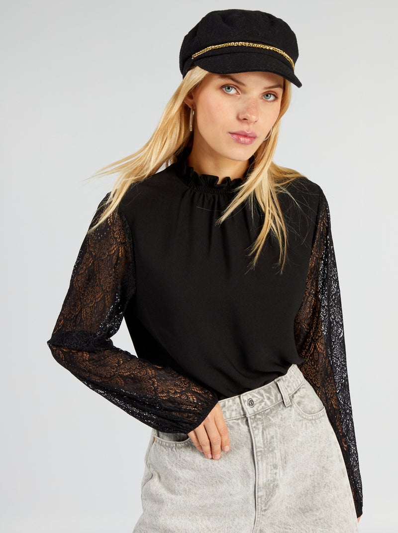 Blusa en dos materiales NEGRO - Kiabi