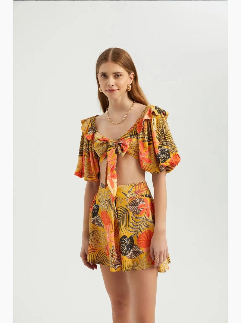 Blusa escote corazón lazo mangas abullonadas hiccup Amarillo - Kiabi