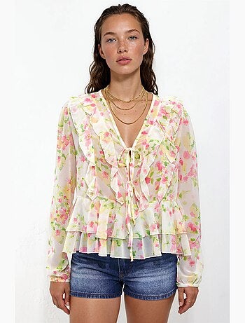 Blusa estampada con cuello en v y volantes hiccup