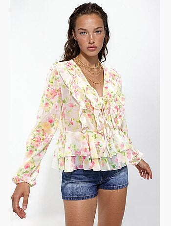 Blusa estampada con cuello en v y volantes hiccup