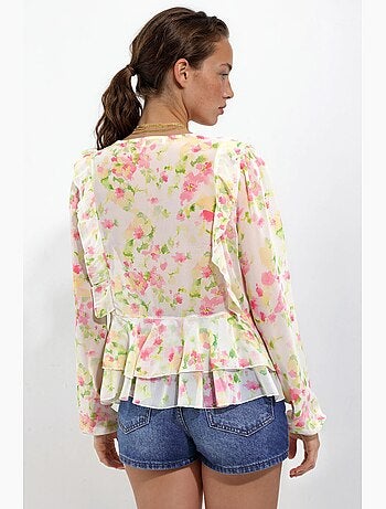 Blusa estampada con cuello en v y volantes hiccup