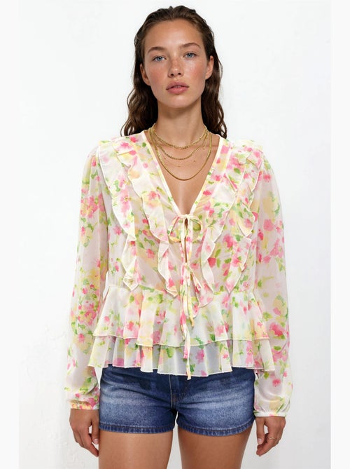 Blusa estampada con cuello en v y volantes hiccup - Kiabi Blusa estampada con cuello en v y volantes hiccup - Kiabi