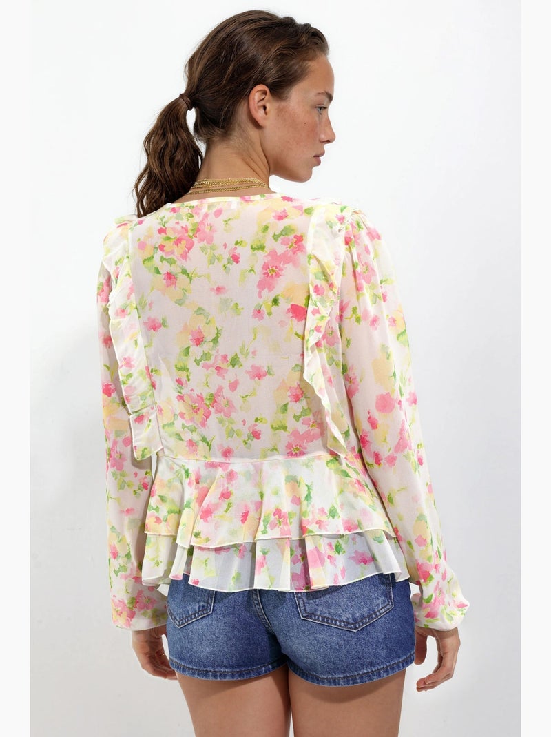Blusa estampada con cuello en v y volantes hiccup Multicolor - Kiabi
