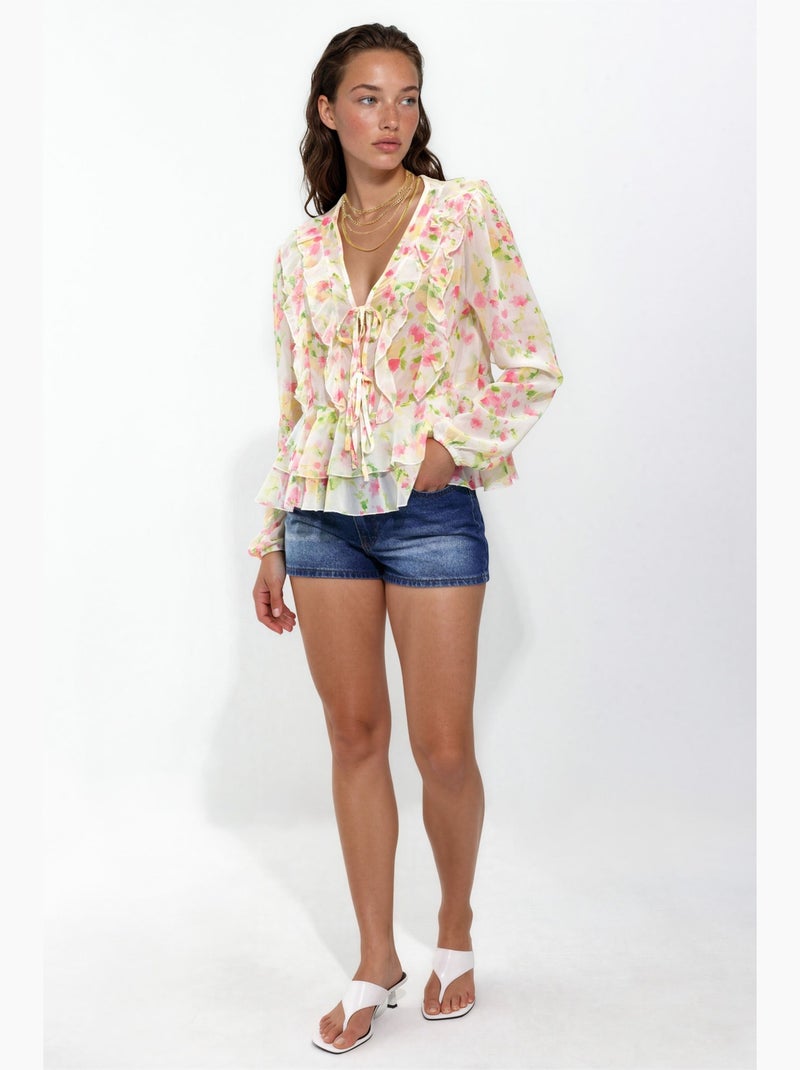 Blusa estampada con cuello en v y volantes hiccup Multicolor - Kiabi