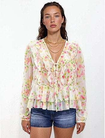 Blusa estampada con cuello en V y volantes