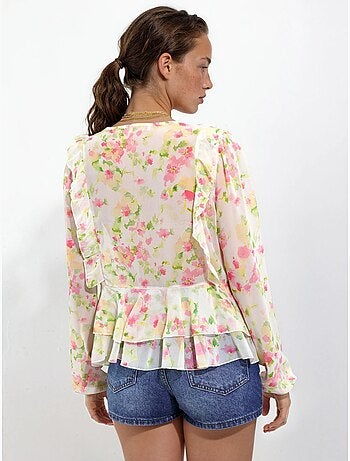 Blusa estampada con cuello en V y volantes