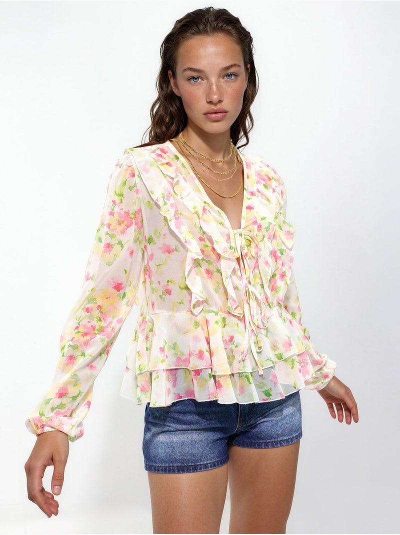 Blusa estampada con cuello en V y volantes Multicolor - Kiabi