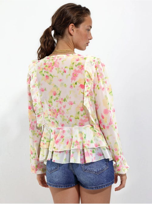 Blusa estampada con cuello en V y volantes - Kiabi Blusa estampada con cuello en V y volantes - Kiabi
