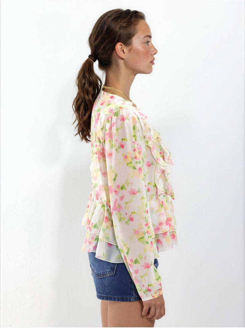 Blusa estampada con cuello en V y volantes Multicolor - Kiabi