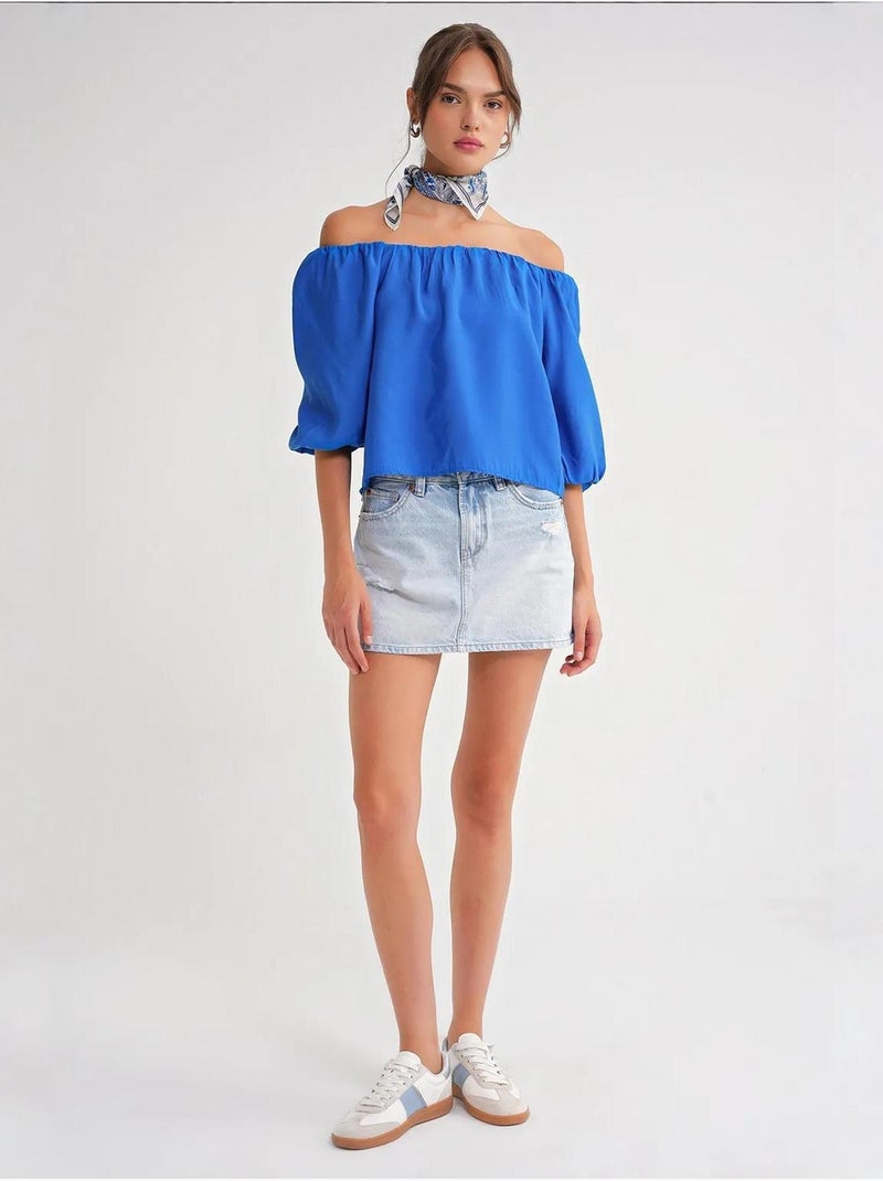 Blusa fina de modal y poliéster con cuello madonna y detalle de volante mixray Azul cobalto - Kiabi