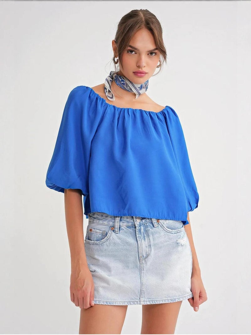 Blusa fina de modal y poliéster con cuello madonna y detalle de volante mixray Azul cobalto - Kiabi