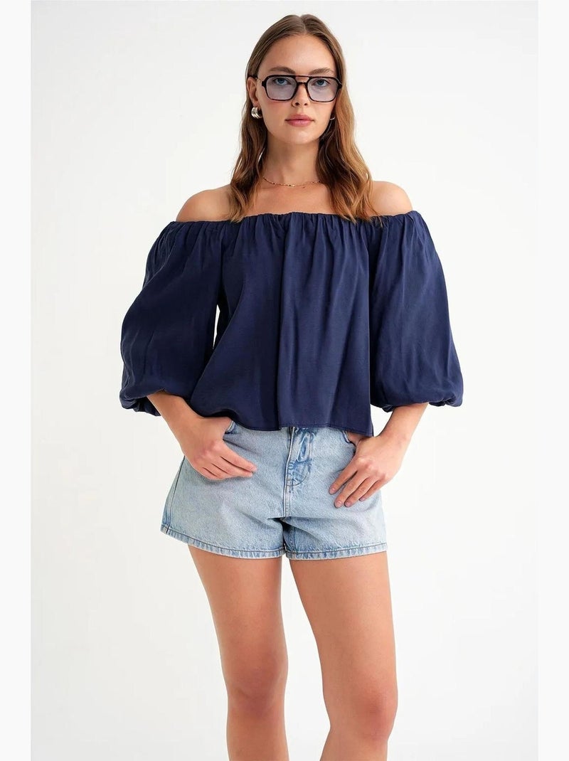 Blusa fina de modal y poliéster con cuello madonna y detalle de volante mixray Azul marino - Kiabi