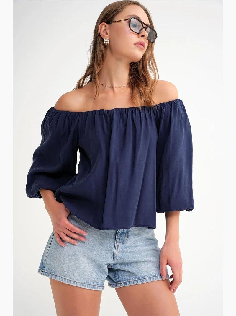Blusa fina de modal y poliéster con cuello madonna y detalle de volante mixray Azul marino - Kiabi