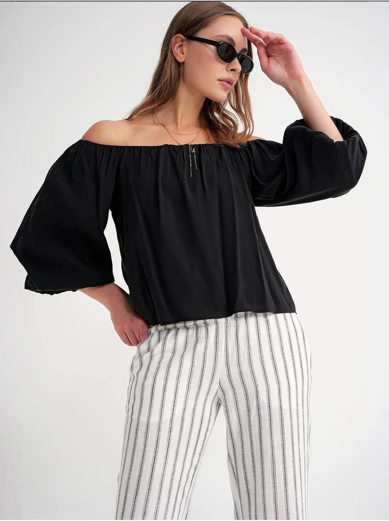 Blusa fina de modal y poliéster con cuello madonna y detalle de volante mixray Negro - Kiabi