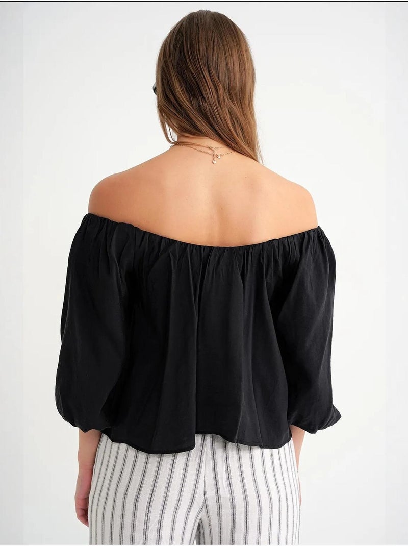 Blusa fina de modal y poliéster con cuello madonna y detalle de volante mixray Negro - Kiabi
