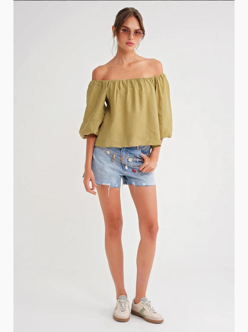 Blusa fina de modal y poliéster con cuello madonna y detalle de volante mixray Verde caqui - Kiabi