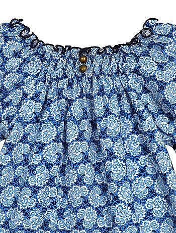 Blusa Floral Azul Real para Niña | Cuello Smocks | CHIMENE