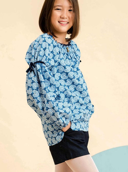 Blusa Floral Azul Real para Niña | Cuello Smocks | CHIMENE - Kiabi