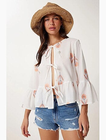 Blusa floral cuello redondo manga larga con volante istanbul