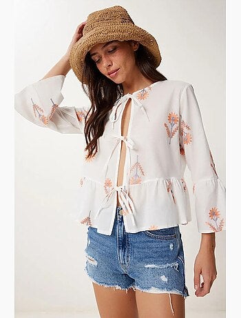 Blusa floral cuello redondo manga larga con volante istanbul