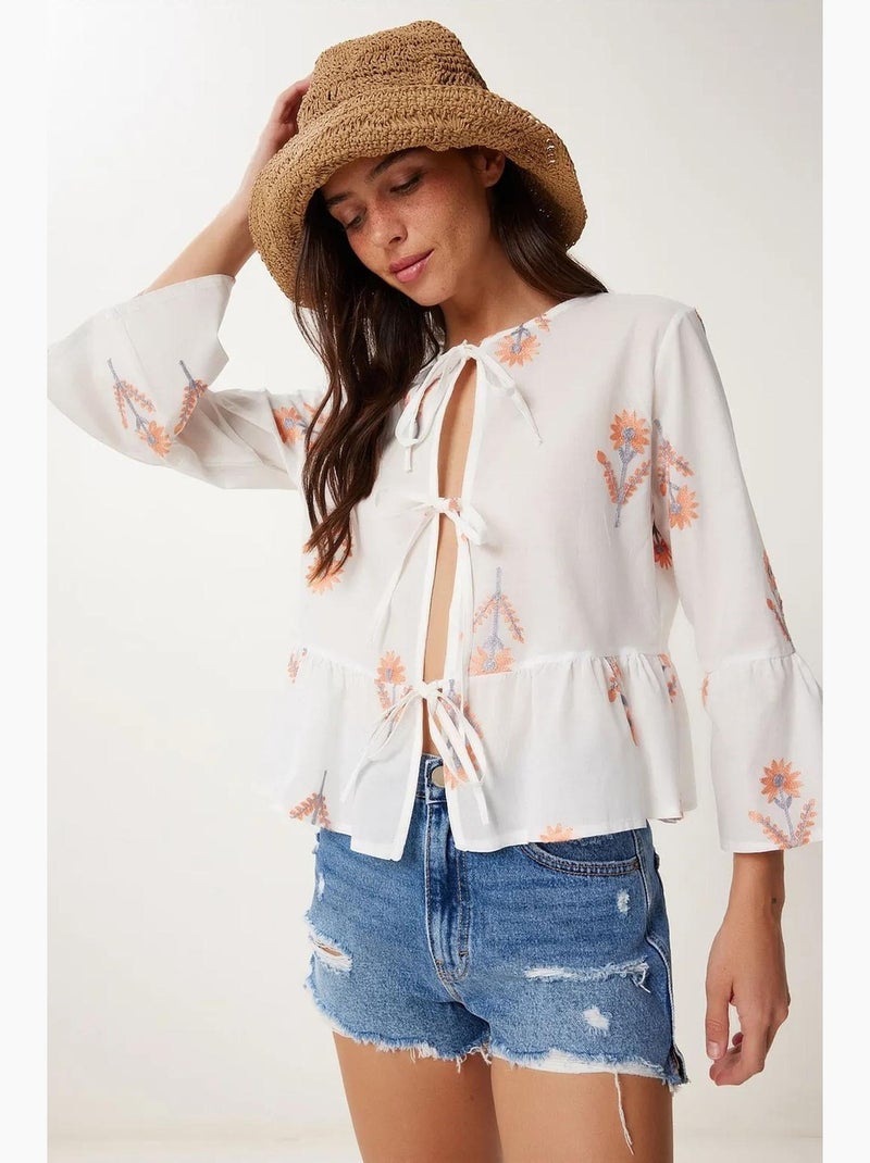 Blusa floral cuello redondo manga larga con volante istanbul Blanco - Kiabi