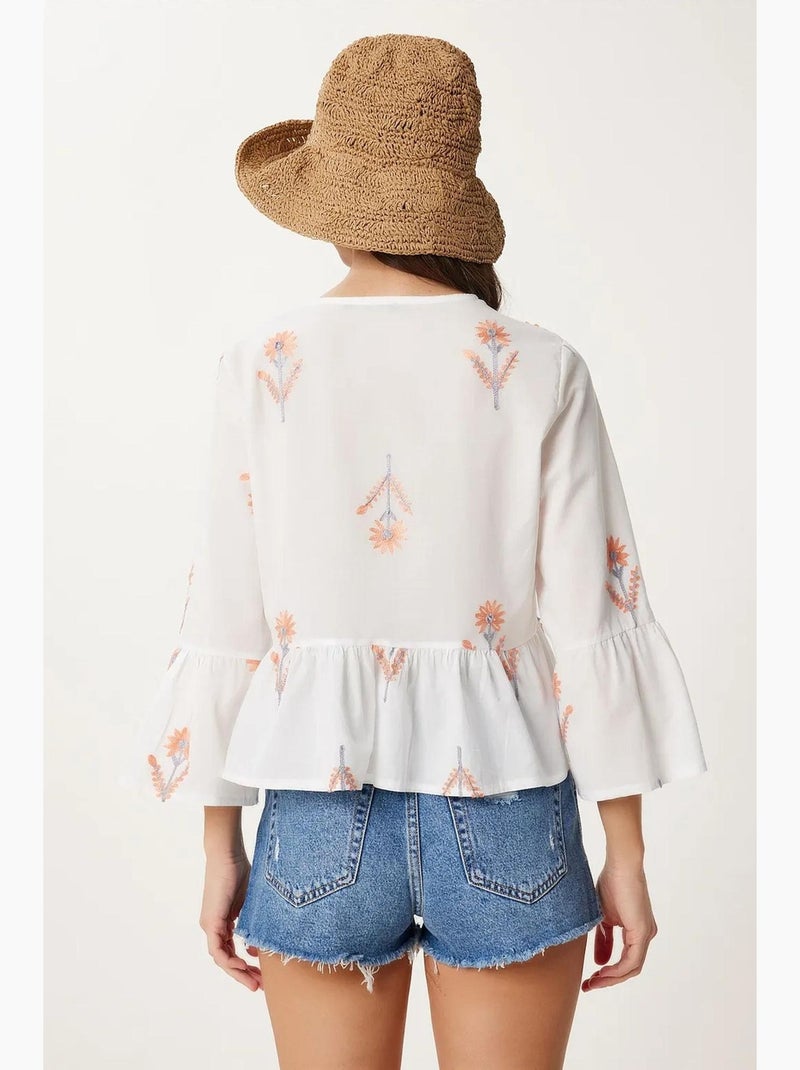 Blusa floral cuello redondo manga larga con volante istanbul Blanco - Kiabi