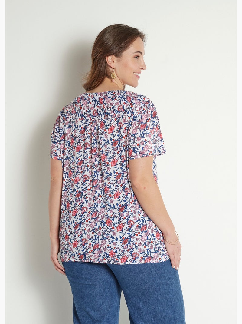 Blusa floral de manga corta con cuello en V - Afibel Azul Rosa - Kiabi