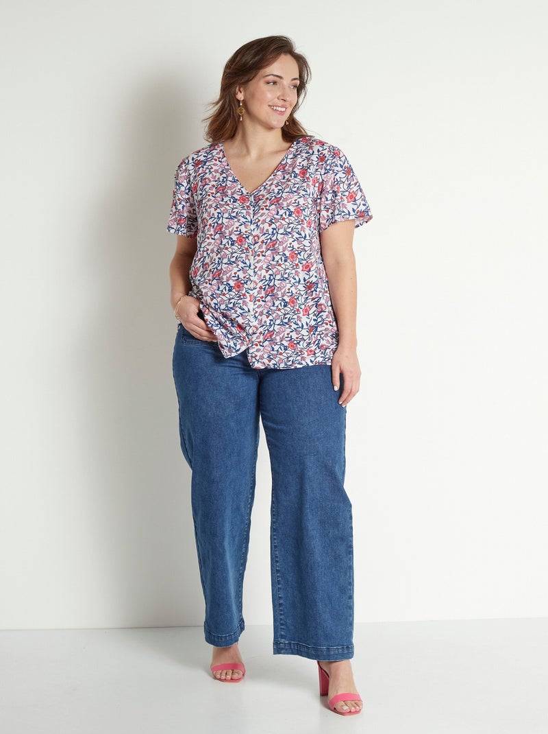 Blusa floral de manga corta con cuello en V - Afibel Azul Rosa - Kiabi