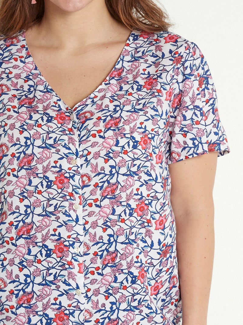 Blusa floral de manga corta con cuello en V - Afibel Azul Rosa - Kiabi