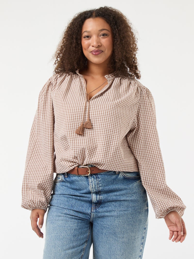 Blusa fluida cuadros vichy Beige - Kiabi